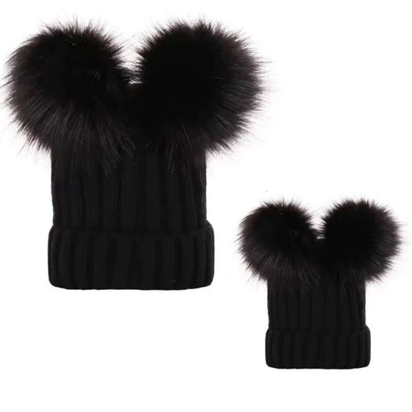 Duplo novo poms naturais pai-filho chapéu de inverno quente pele pompom bola chapéu de malha crânios gorros algodão gorro 3 3 95