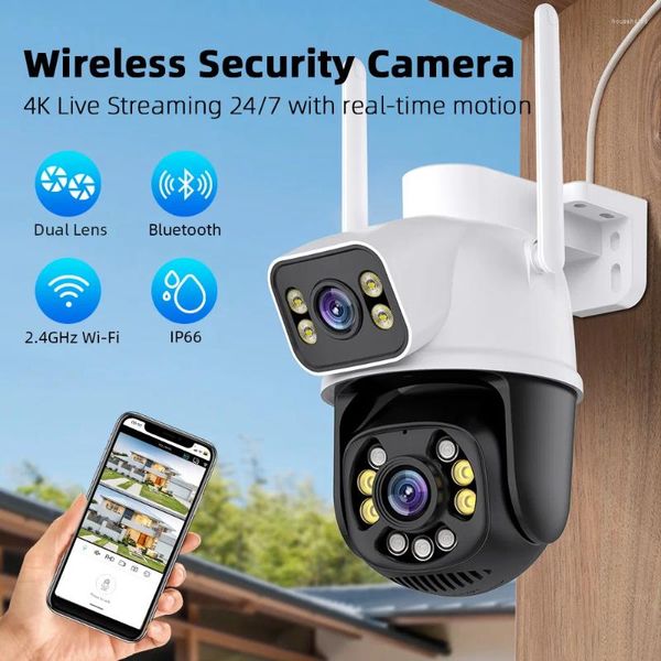 Überwachungskamera für den Außenbereich, 4K-WiFi-Überwachungskameras, Personenerkennung, wasserdicht, kabellos, IP-Dual-Lens-Bildschirme