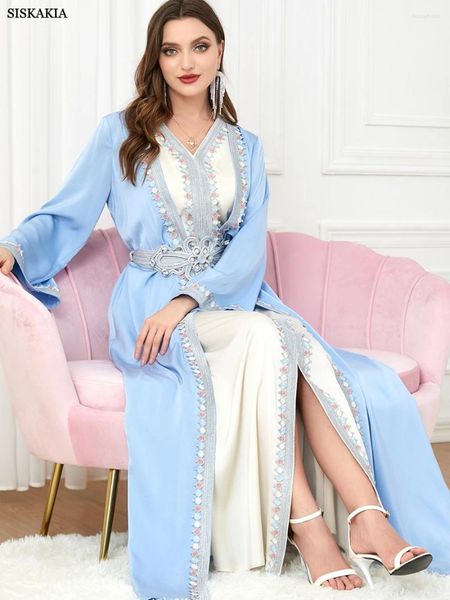 Abbigliamento etnico Abito da donna marocchino 2024 Elegante musulmano 2 pezzi Set Ricamo floreale Nastro di pizzo guipure Cintura Kaftan Happy Eid Mubarak