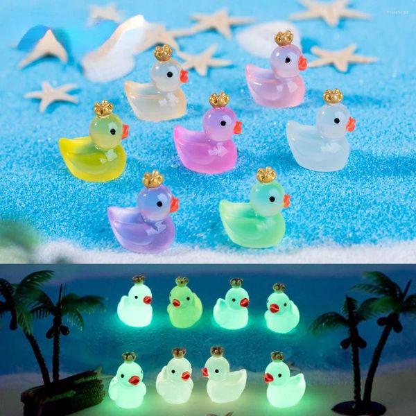 Estatuetas decorativas 20 peças coroa luminosa patos mini resina figuras de animais em miniatura brilhando no escuro jardim de fadas decoração de plantas em vasos