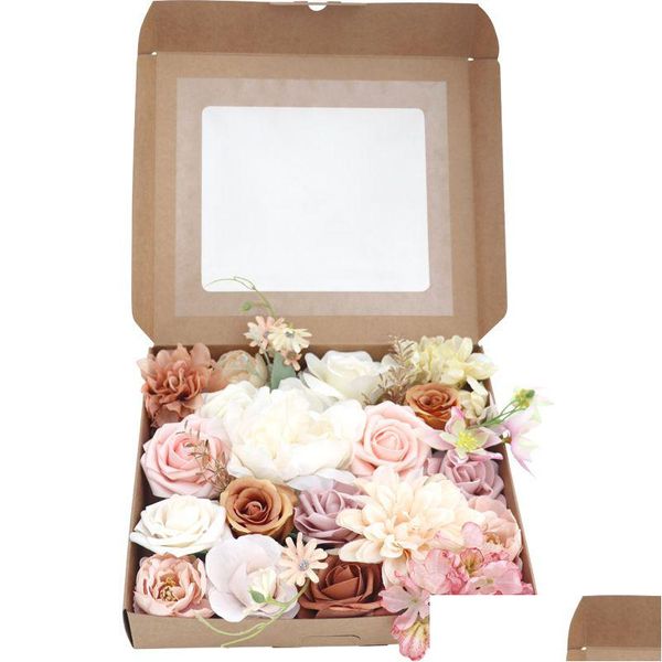 Flores decorativas grinaldas romântico champanhe rosa flores caixa dia dos namorados presente do dia das mães para diy casamento buquês de noiva rosa falso dh4ng