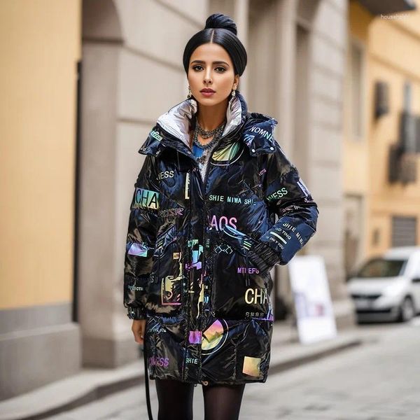 Trench da donna 2024 Piumino invernale in cotone da donna Cappotto imbottito allentato con cerniera Lungo stampa femminile Addensare caldo piumino Parka antipioggia