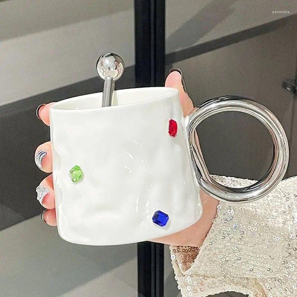 Tassen 360 ml nordische Keramik-Kaffeetasse mit Rührlöffel, Diamant-dekorativer Trinkbecher, spülmaschinenfest, niedliches Trinkgeschirr