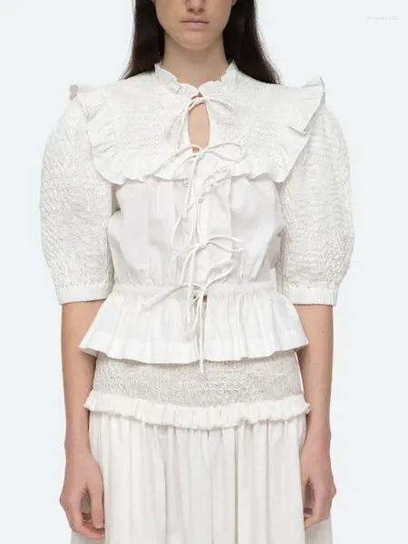 Kadınlar bluzları Vintage bayanlar fırfırlar Trim Outk Bluz 2024 Fransız Kadın Kısa Puf Sleep-Up Zarif Beyaz Pileli Gömlek