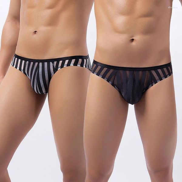 Mutande Intimo da uomo Slip sexy a righe Vedi attraverso il bikini in rete traspirante trasparente