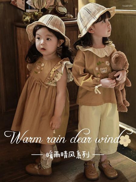 Kleidung Sets Mädchen Ländlichen Kleid 2024 Frühling Cartoon Stickerei Baby Vintage Lose Top Hosen Anzug