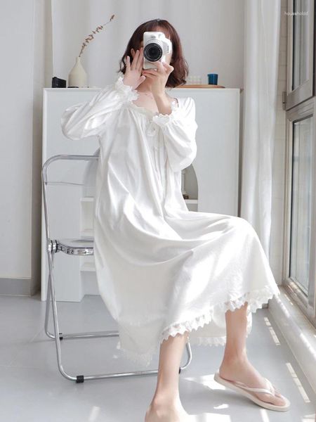 Mulheres Sleepwear Nightgowns Mulheres Lazer Sólido Doce M-XXL Princesa Estilo Lace Chic Sleepshirts Adorável Soft Home Wear Nighty Branco