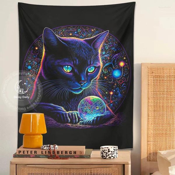 Arazzi Blacklight Cat Tapestry Trippy Magic Black Guardando nella sua sfera di cristallo Boho Art Style Decor Home For Living Room Wall