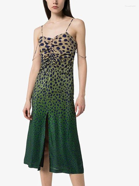 Vestidos casuais mulheres verde leopardo gradiente cor sling midi vestido senhoras sem mangas slim fit fenda longo robe elegante