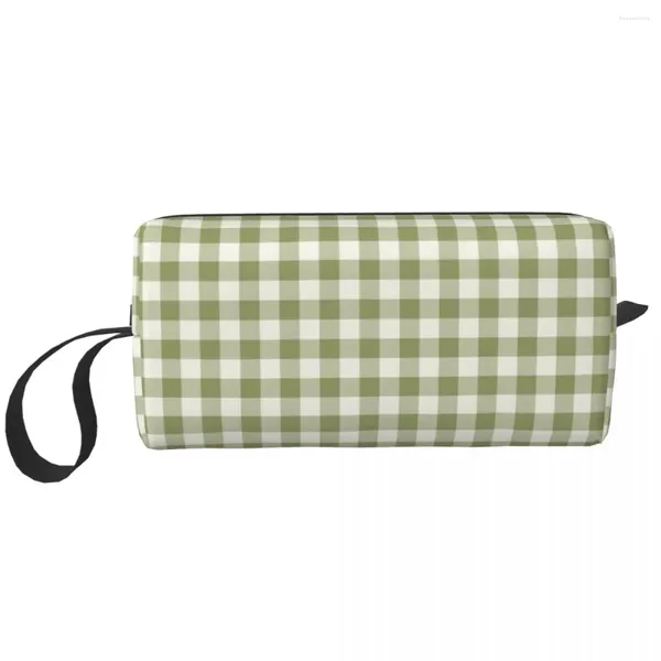 Kosmetiktaschen, grünes und weißes Gingham-Karomuster, ästhetische Make-up-Tasche, groß, für Männer und Frauen, Toilettenartikel-Zubehör