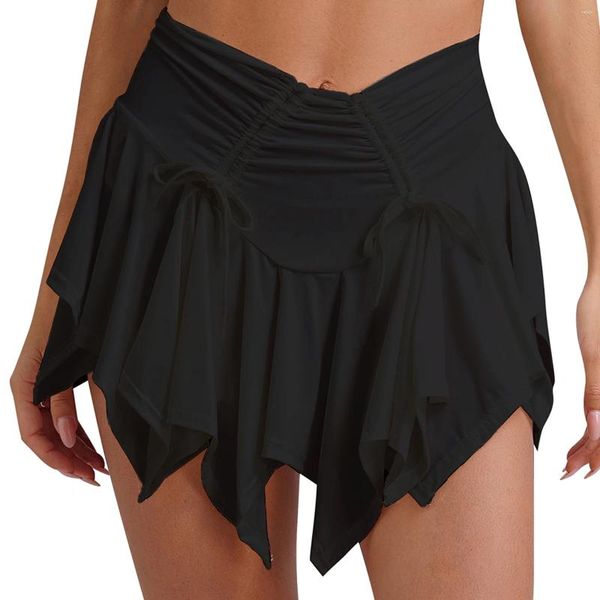 Röcke Sexy Damen Einfarbig Gothic Punk Unregelmäßiger Mini Casual Low Waist Tie-Up geraffter Kordelzug mit Sicherheits-Slips