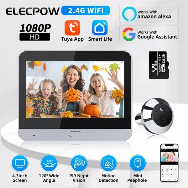 Campainhas Elecpow 4.3 polegadas WiFi olho mágico Tuya Smart 1080P Câmera de vídeo Home Security Night Vision PIR Motion Door