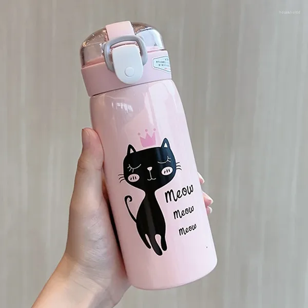 Garrafas de água térmica gato dos desenhos animados aço inoxidável 350ml/500ml balão de vácuo com palha portátil crianças caneca viagem garrafa térmica tumbler