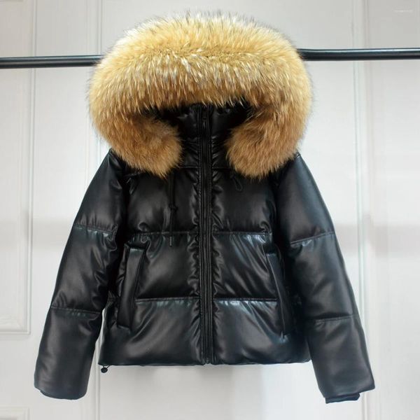 Damen Leder 2024 Winter Big Echt Waschbär Fell Kapuze Faux Jacke Frauen Verdickte Warme Wasserdichte Gepolsterte Parka Glänzende Baumwolle Mantel