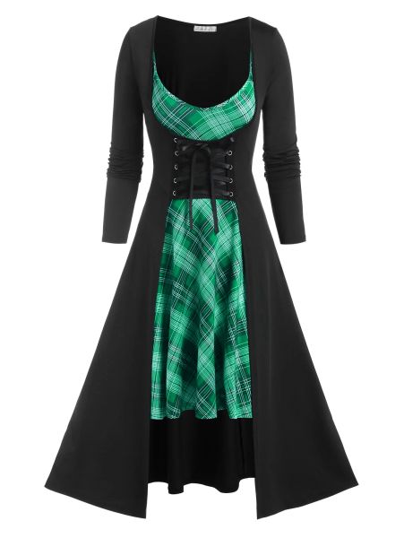 Kleider Gothic Casual Kleid Plaid A-Linie Zurück Lace Up Rock Set Vestidos Volle Hülse Herbst Knielangen Vintage kleider