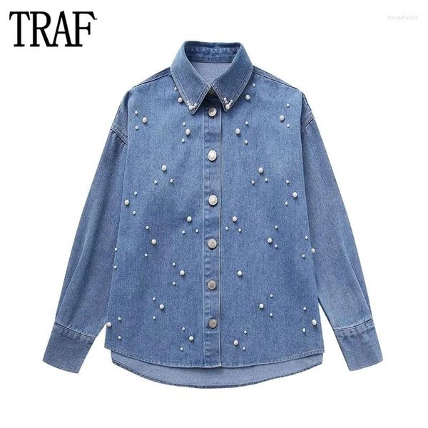 Женские блузки TRAF 2024, синие джинсовые рубашки для женщин, длинная рубашка с искусственным жемчугом, женский воротник на пуговицах и рукава