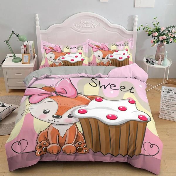 Conjuntos de cama rosa dos desenhos animados todos os tipos de animais capa de edredão kawaii panda padrão meninas vida selvagem poliéster colcha decoração do quarto