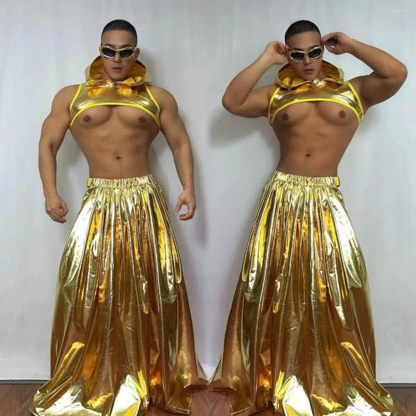 Stage Wear Oro sexy Gogo Abbigliamento da ballo Top corti Gonna Carnevale maschile Dancewear Nightclub Bar Muscle Man Costume Rave Outfit VDB7993