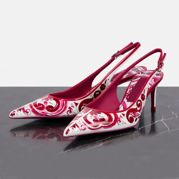 65mm Salto Baixo Vermelho Impresso Couro Slingback Bombas Sapatos Dedo Apontado Salto Stiletto Sandálias Femininas Vestido de Designer de Luxo Fivela de Couro Sapatos de Noite