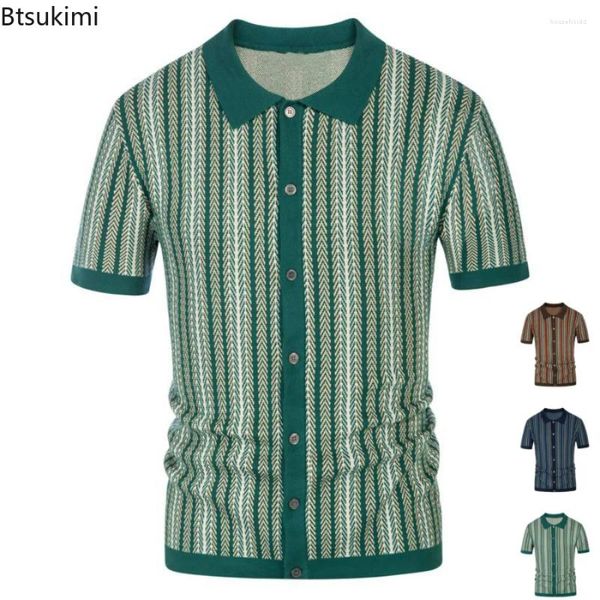 Polos masculinos 2024 verão casual listra camisas de malha vintage britânico respirável retalhos manga curta jacquard negócios polo camisa