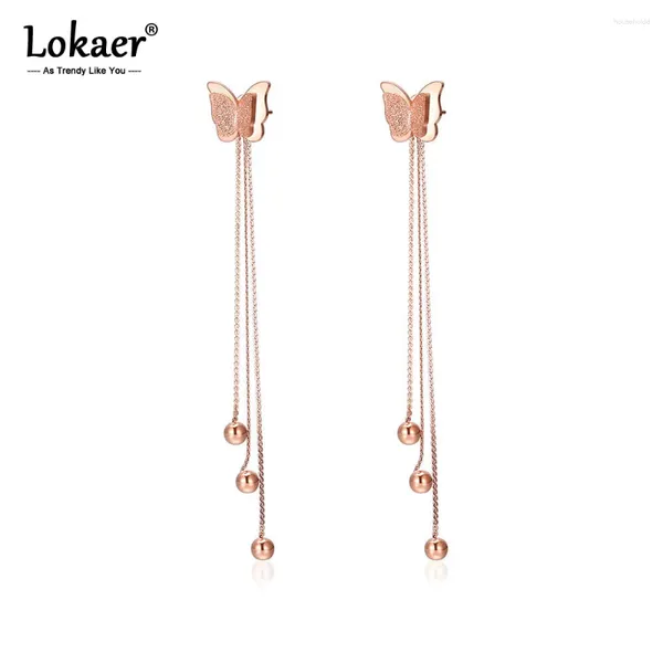 Orecchini pendenti Lokaer Fashion Lady Colore oro rosa Farfalle in acciaio inossidabile Linee lunghe Gioielli per le donne Ragazza regalo E17093