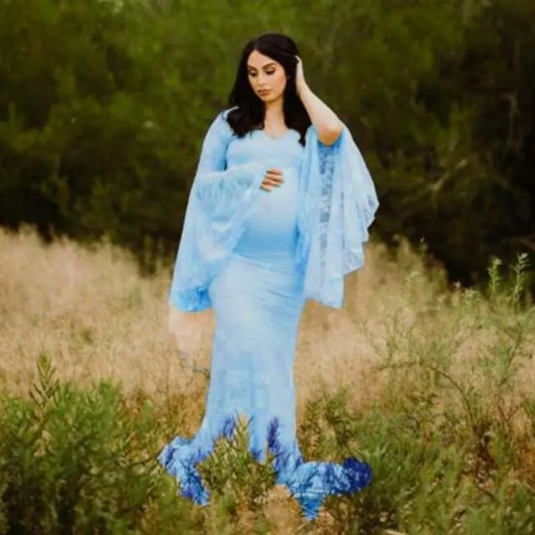 Abiti Abiti da sposa premaman Sparare Oggetti di scena per foto Vestiti Donne incinte Gravidanza Abito lungo Sirena di pizzo Maniche svasate Abito da festa