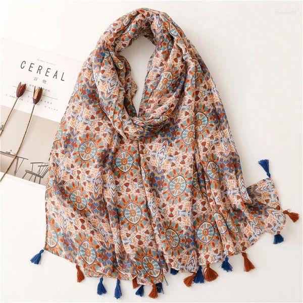 Schals 2024 Mode Luxus Marke Frauen Aztec Floral Quaste Baumwolle Schal Frühling Herbst Wrap Hijab Dame Pashmina Viskose Foulards Stola