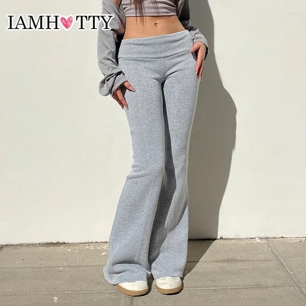 Damenhose IAMTY Casual Basic Flared Grau Low Waist Stretch Boot But Joggers Jogginghose Yoga Sporthose All-Match-Streetwear