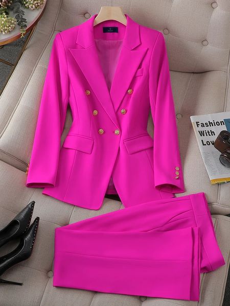 Mode Rosa Grün Schwarz Damen Arbeitskleidung Hosenanzug Frauen Weibliche Knopfdekoration Formelle Jacke Blazer und Hose 2-teiliges Set 240122