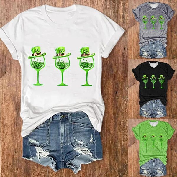 Camisetas femininas casuais de manga curta, gola redonda e camiseta com estampa de copo de vinho verde