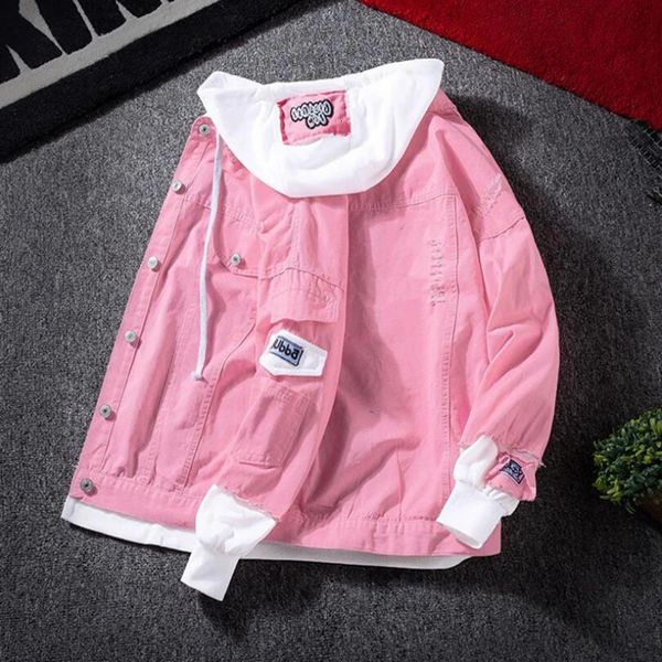 Осенние джинсовые куртки для женщин Толстовка с капюшоном Розовая модная уличная одежда Джинсовая куртка Мужская верхняя одежда Джинсовая куртка с капюшоном Пальто Женская одежда 240201