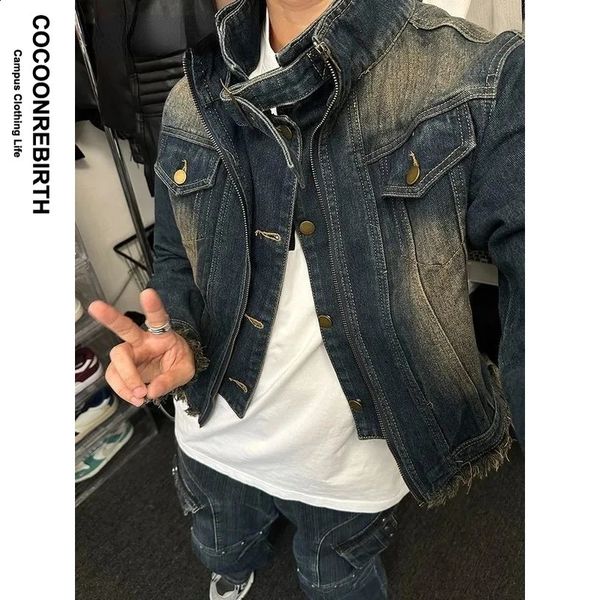 Fake Two Design Retro Jeansjacke Männer Frau Kurzer Reißverschluss Einreiher Cowboy Mäntel Blau gewaschen Stehkragen Unisex Outwear 240202