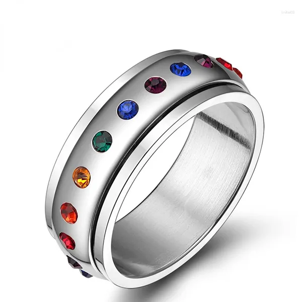 Anéis de cluster de aço inoxidável colorido zircão girando anel homens mulheres descompressão anti ansiedade jóias