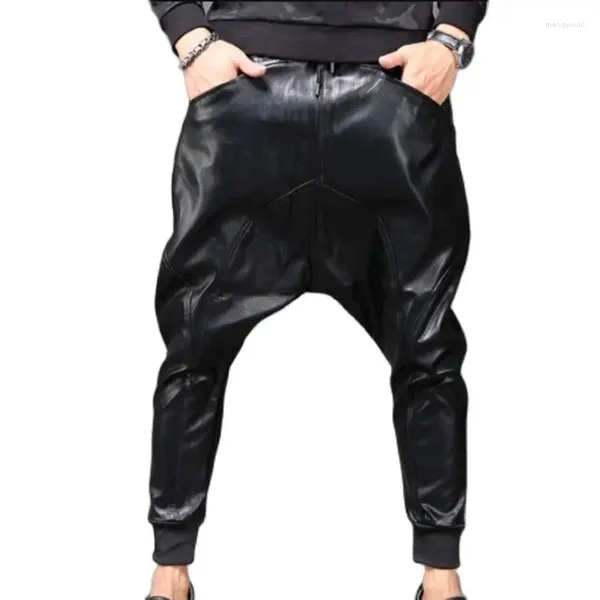 Palco desgaste calças de couro de carga masculina outono inverno clássico departamento escuro moda tendência bolso decoração solta oversized