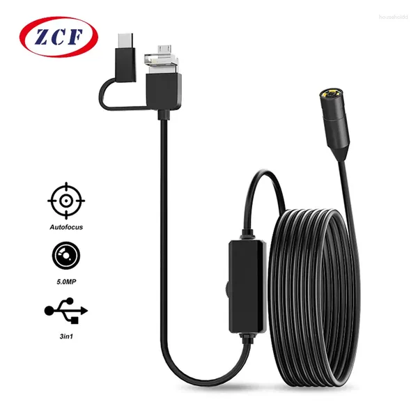 Telecamera per endoscopio industriale con messa a fuoco automatica da 5.0MP HD1920P 3IN1 Type-c Micro USB Periscopio per ispezione dello scarico impermeabile per PC Android