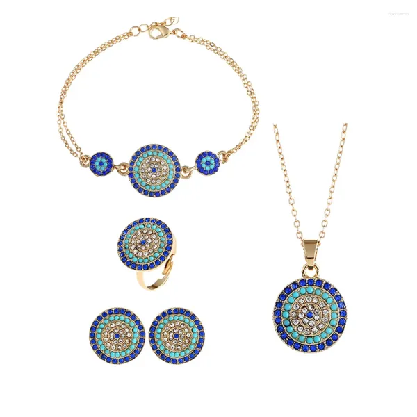 Colar brincos conjunto 1 anel pulseira kit redondo turco azul olho jóias