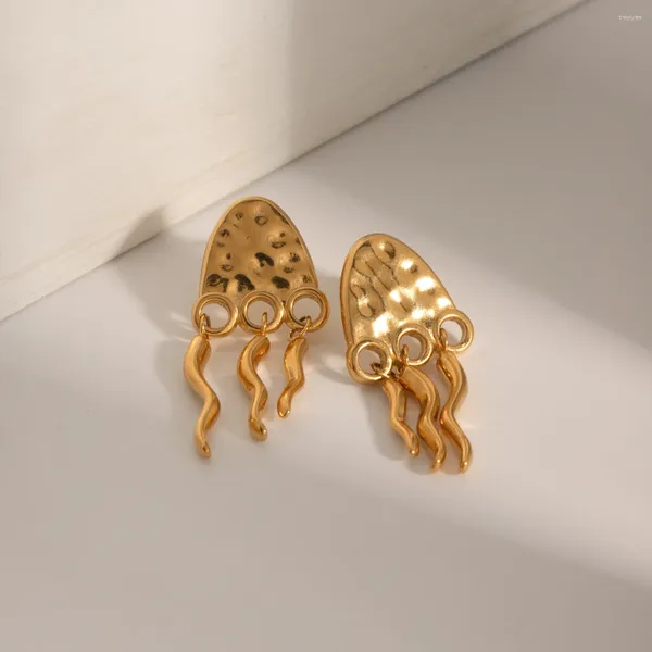 Brincos de pino 18K banhados a ouro na moda minimalista em forma de água-viva pingente com franjas de aço inoxidável joias resistentes à água