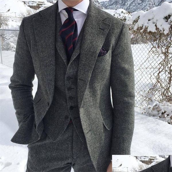 Suits Blazer Erkek Blazers Gri Yün Düğün Resmi Damat İçin Kış Erkekler Smokin Moda Erkek Moda 3 Parça Ceket Yeleği Pantolon Dhho8