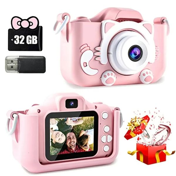 Детская камера, игрушки, HD цифровое видео для девочек, мультяшное селфи с 32 ГБ SD-картой, запись жизни, подарки на день рождения, Рождество 240131