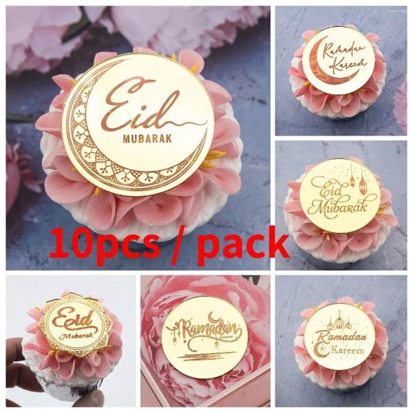 Party Supplies 10 Stück/Packung Gold Acryl Spiegel Eid Mubarak Cupcake Topper Ramadan Kareem Cake Topper
