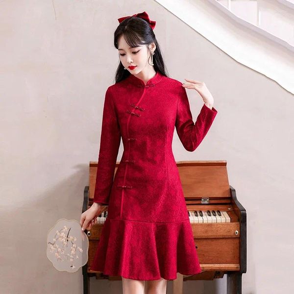 Etnik Giysiler Varış 2024 Geleneksel Çin yılı qipao kıyafetleri modern gelişmiş uzun kollu kırmızı cheongsam parti salıncak elbisesi 4xl