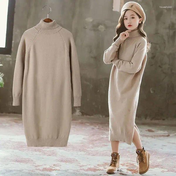 Kız Elbiseler Sonbahar/Kış 2024 Yüksek Boyun Elbise Büyük Çocuklar Korece Versiyon Uzun Kazak Çocuk Günlük Çocuk Giysileri
