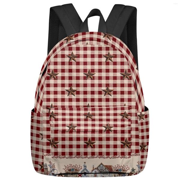 Mochila país estrela baga retro vermelho xadrez mulheres homem mochilas escola à prova dwaterproof água para estudante meninos meninas sacos de portátil mochilas