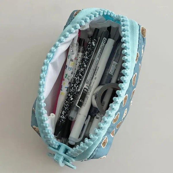 Pürüzsüz mavi baskı kalem kutusu modern minimalist yüksek kapasiteli kırtasiye kutusu renk moda depolama küçük ayı