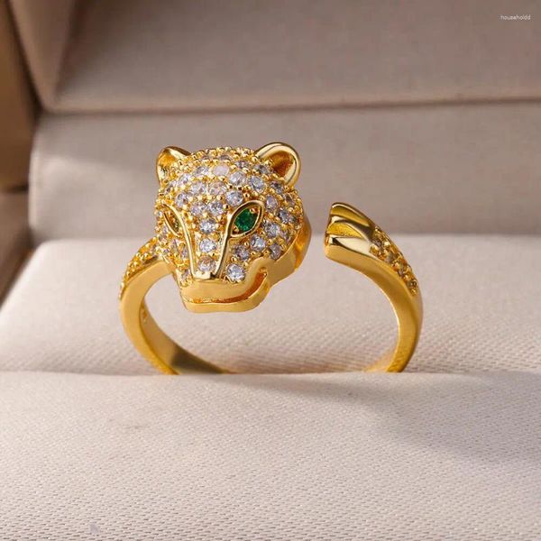 Anéis de cluster personalidade leopardo cabeça design anel redimensionável hip hop punk cor de ouro casamento para mulheres homens jóias presente de natal