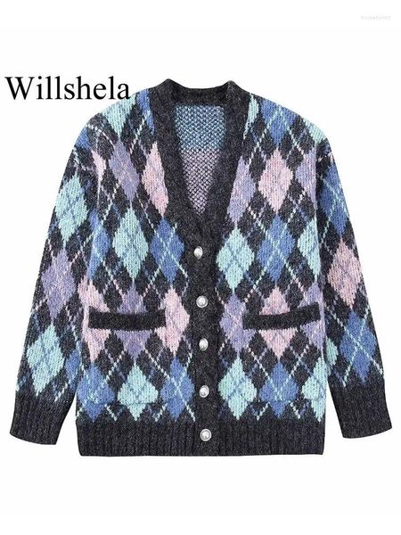 Mulheres Malhas Willshela Mulheres Moda Argyle Xadrez Único Breasted Cardigan Camisola Vintage Mangas Compridas Com Decote Em V Feminino Chic Lady Outfits