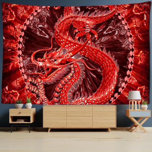 Tapeçarias Red Loong Dragon Totem Tapeçaria Dos Desenhos Animados Castelo Pendurado Na Parede Quarto Tapete Colcha Praia Mat Tapis Home Decor Art