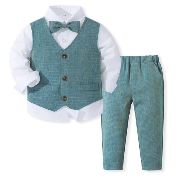 Комплект джентльменской одежды для маленьких мальчиков, осенний хлопковый костюм для детей, белая рубашка с галстуком-бабочкой, жилет, брюки, официальная одежда для мальчиков 240202