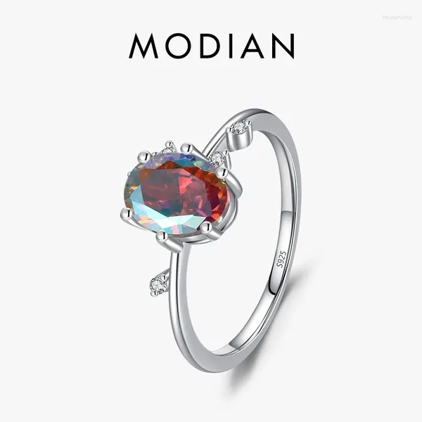 Anéis de cluster Modian 925 prata esterlina oval arco-íris zircônia casamento luxo multicolor anel para mulheres noivado aniversário jóias finas