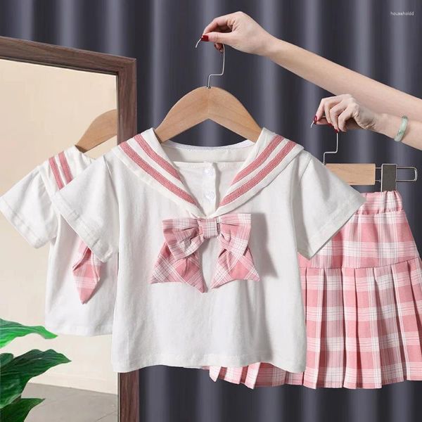 Set di abbigliamento Vestiti per ragazze Set 2024 Baby Girl Jk Uniforme Gonna stile college Papillon Plaid Pieghettato in due pezzi Abito estivo per